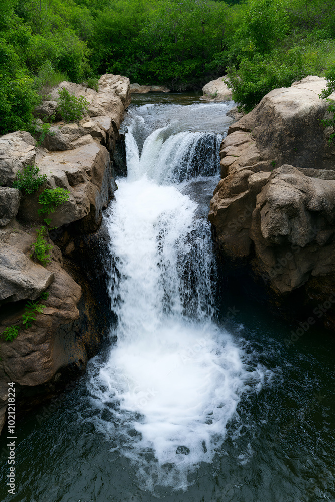 Tranquil river flow and cascading water over smooth rocks create a captivating waterfall in a lush green forest, with tall trees as a picturesque backdrop