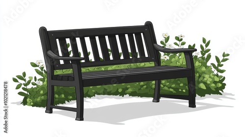 Black Wooden Park Bench with Green Bushes and White Flowers