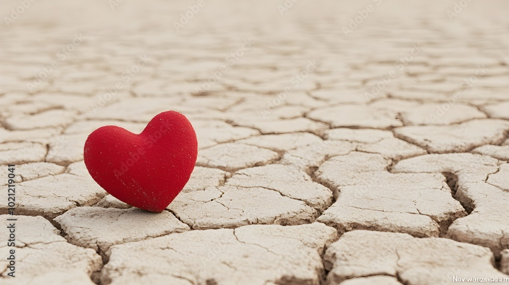 Fototapeta premium Fragmented Heart in Desert Landscape - Symbolizing Emotional Drought and Rebirth Through Cracked Earth and Resilience Evoking Deep Feelings
