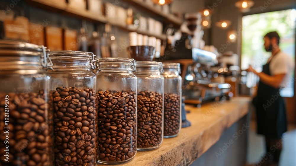 Coffee Shop Interior with Glass Jars of Beans Coffee Shop Interior with Glass Jars of Beans