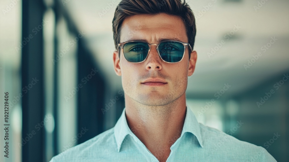 Confident man with sunglasses in an office environment. Confident man with sunglasses in an office environment.