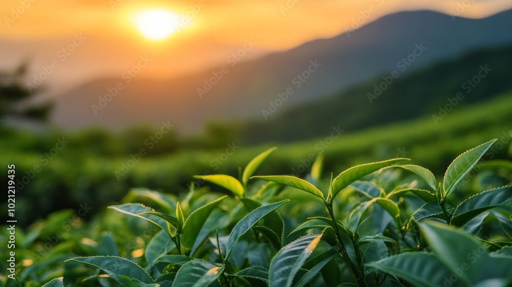 Close up of vibrant green tea leaves with sunset in background. Close up of vibrant green tea leaves with sunset in background.