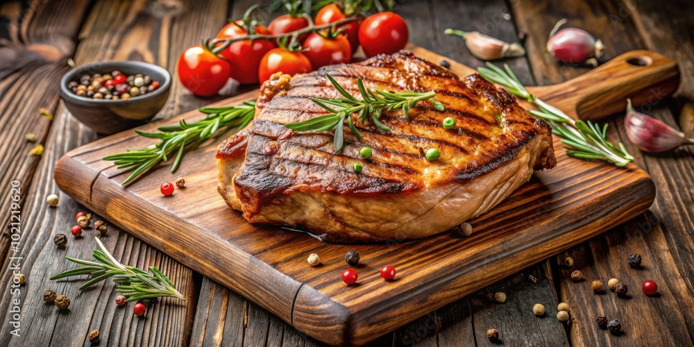 A Close-Up of a Juicy Grilled Steak on a Wooden Cutting Board, Surrounded by Fresh Herbs and Spices A Close-Up of a Juicy Grilled Steak on a Wooden Cutting Board, Surrounded by Fresh Herbs and Spices
