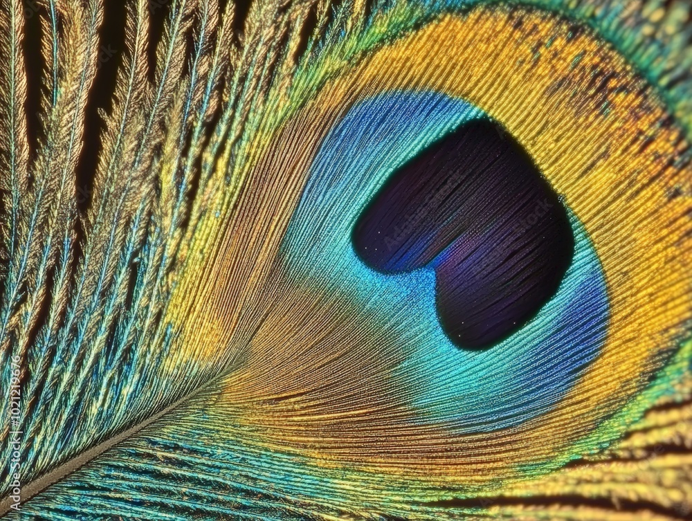 Fototapeta premium Peacock Feather Microscopic Detail Revealing Vibrant Colors and Intricate Patterns