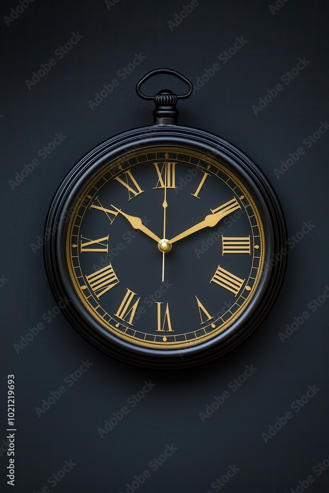 Elegant round clock with Roman numerals, black background. Elegant round clock with Roman numerals, black background.