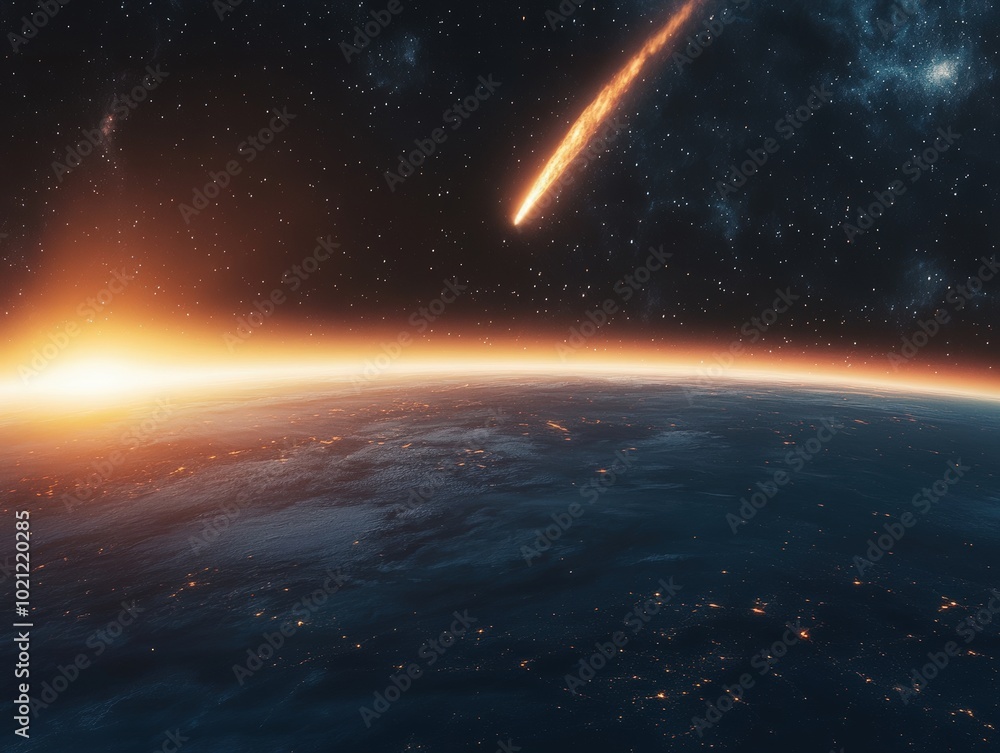 A meteor streaks across a star-filled sky above Earth at twilight, creating a breathtaking celestial scene. A meteor streaks across a star-filled sky above Earth at twilight, creating a breathtaking celestial scene.