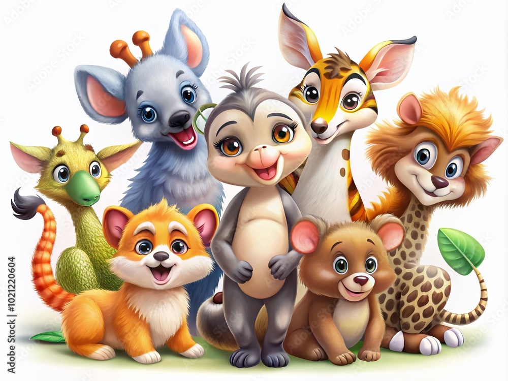 Naklejka premium Adorable Cartoon Animals in Playful Poses Perfect for Children’s Books and Fun Illustrations