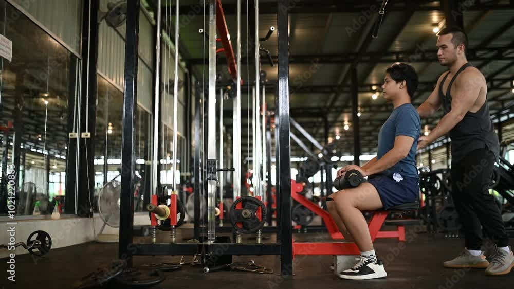 A Personal Trainer Guiding a Client through a Fitness Routine in a Gym - Emphasizing Health, Strength, and Wellness in a Supportive Environment A Personal Trainer Guiding a Client through a Fitness Routine in a Gym - Emphasizing Health, Strength, and Wellness in a Supportive Environment