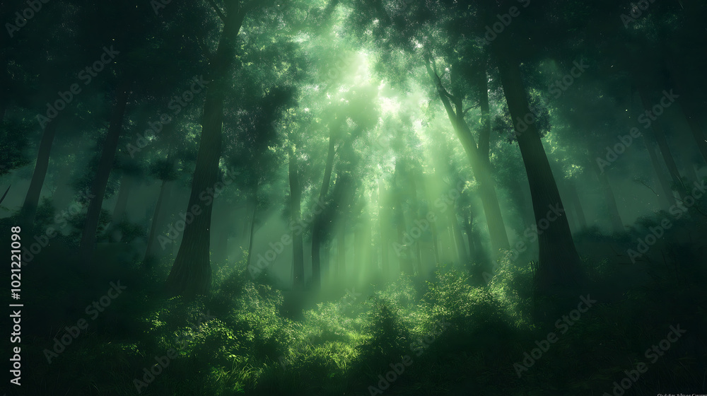 清晨阳光透过绿色茂密的森林 清晨阳光透过绿色茂密的森林