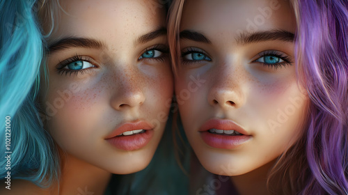 Close Up Portrait of Two Women with Blue Eyes and Colorful Hair - 3D Illustration