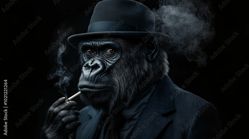 A Gorilla in a Suit and Hat Smoking a Cigarette A Gorilla in a Suit and Hat Smoking a Cigarette