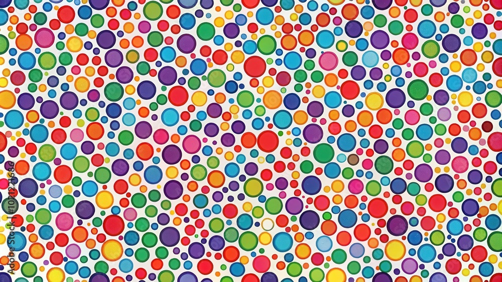 A seamless pattern featuring a white background adorned with a whimsical assortment of colorful circles, each with a unique size and texture, creating a vibrant and playful visual experience. A seamless pattern featuring a white background adorned with a whimsical assortment of colorful circles, each with a unique size and texture, creating a vibrant and playful visual experience.
