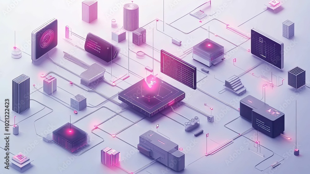 Interconnected Network of Abstract Devices with Pink Glowing Lines Interconnected Network of Abstract Devices with Pink Glowing Lines