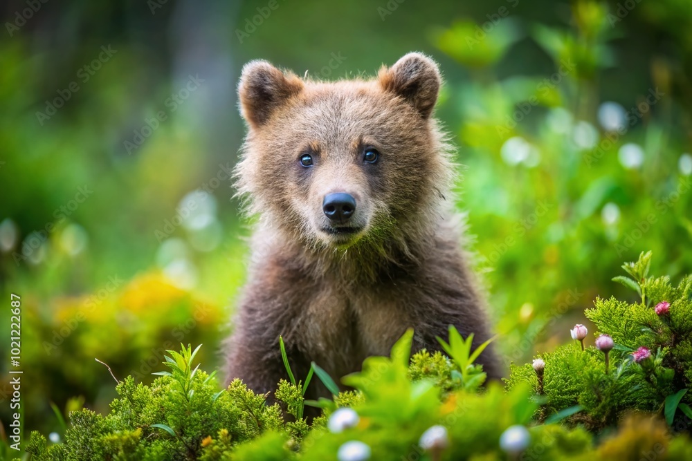 Adorable Cub Grizzly Bear Playing in the Wild with Natural Background and Greenery Surroundings Adorable Cub Grizzly Bear Playing in the Wild with Natural Background and Greenery Surroundings