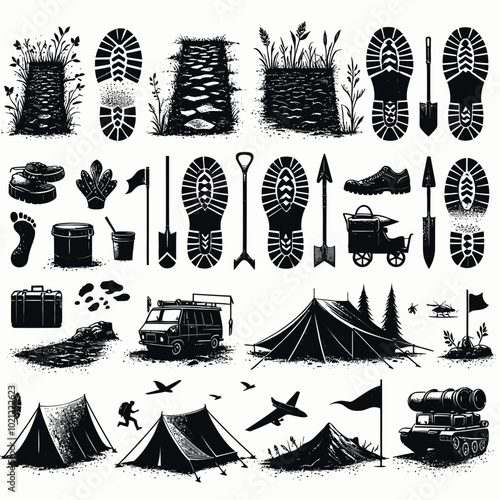 Ground tarp or footprint Silhouette Set Vector