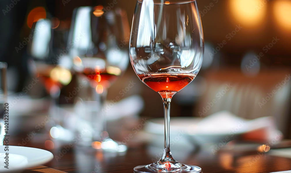 Elegant Wine Glasses on Dining Table with Shallow Depth of Field in Warm Evening Light, Perfect for Celebrating Special Occasions, Romantic Dinners, or Upscale Restaurant Themes Elegant Wine Glasses on Dining Table with Shallow Depth of Field in Warm Evening Light, Perfect for Celebrating Special Occasions, Romantic Dinners, or Upscale Restaurant Themes