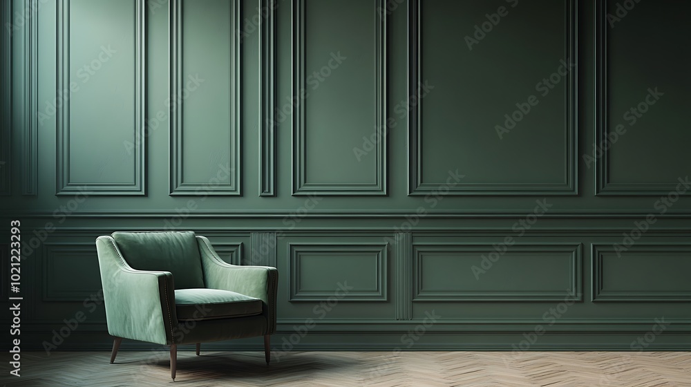 Chair in green empty room with classic wall panels frames. Studio mockup with dark modern luxury design. Chair in green empty room with classic wall panels frames. Studio mockup with dark modern luxury design.