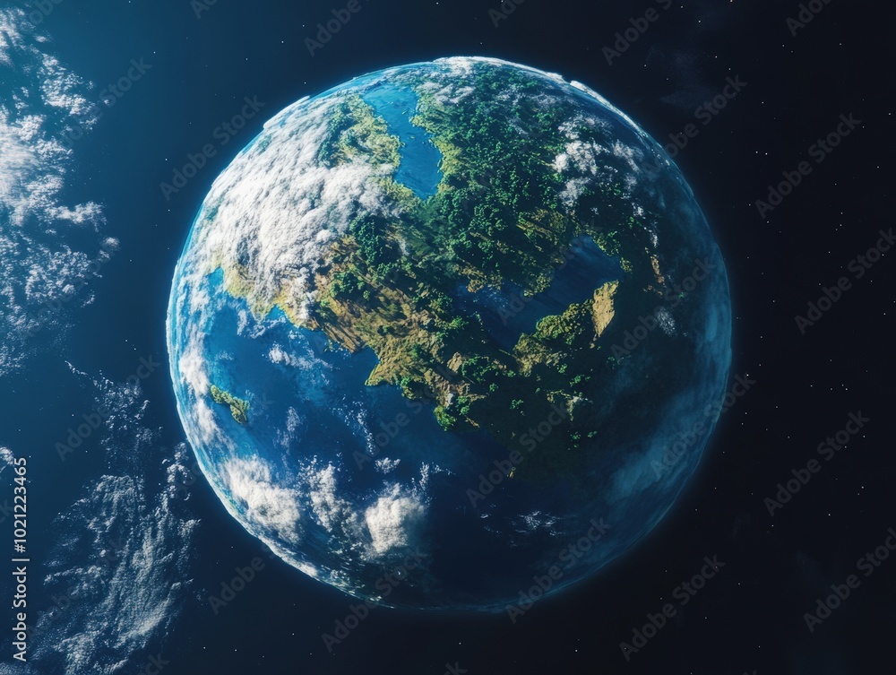 Fototapeta premium A stunning view of Earth from space, showcasing lush greenery and swirling clouds over oceans.