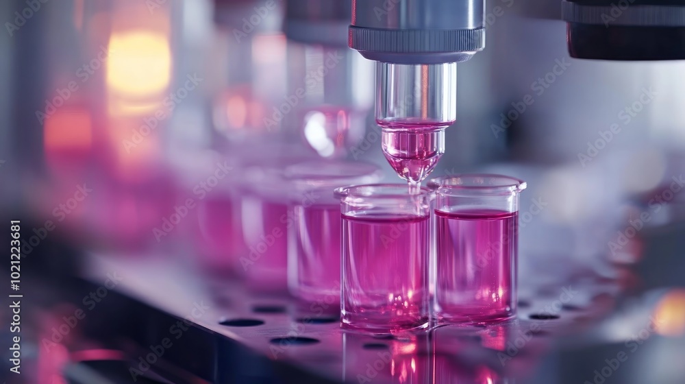 Close-up of a robotic arm dispensing pink liquid into small glass vials in a laboratory setting. Close-up of a robotic arm dispensing pink liquid into small glass vials in a laboratory setting.