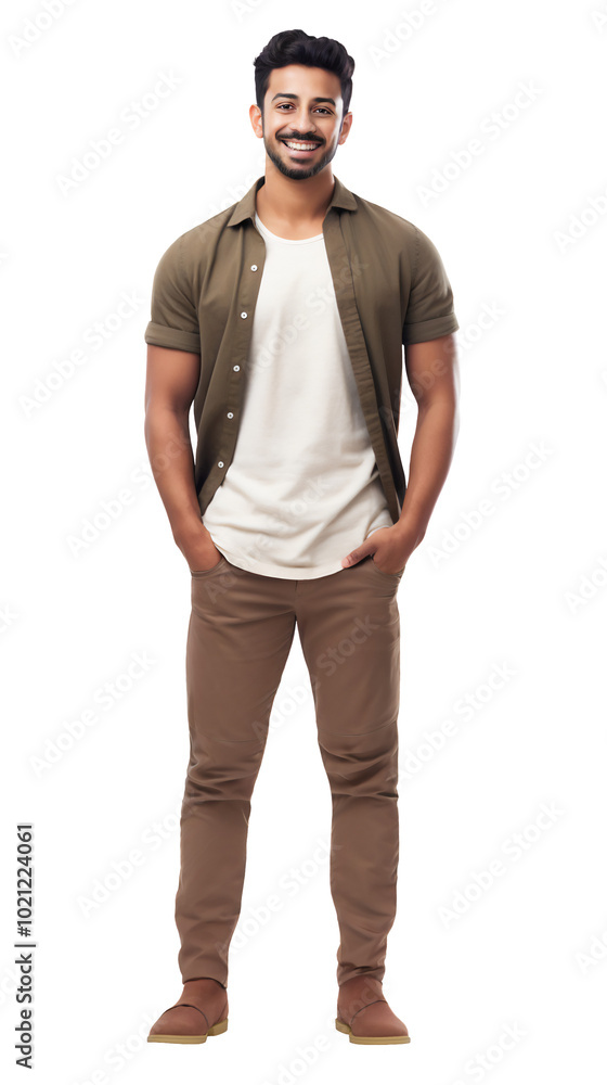 Fototapeta premium Cheerful young arabian man in casual outfit, isolated on transparent background. Full body portrait of smiling male model posing confidently. Design element for advertising, social media post