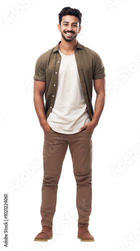 Cheerful young arabian man in casual outfit, isolated on transparent background. Full body portrait of smiling male model posing confidently. Design element for advertising, social media post