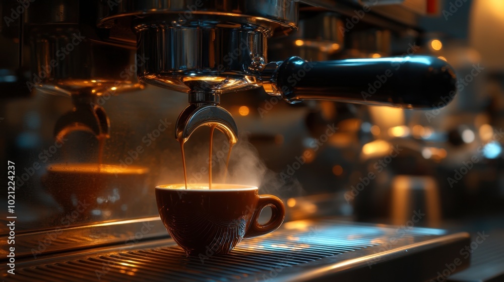 A professional espresso machine brewing coffee in a trendy cafe, steam rising as the coffee fills the cup, capturing the craft of the barista. A professional espresso machine brewing coffee in a trendy cafe, steam rising as the coffee fills the cup, capturing the craft of the barista.