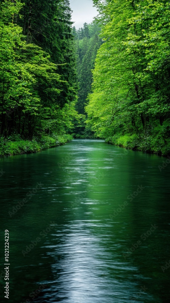Serene river flowing through lush green forest under cloudy sky. Serene river flowing through lush green forest under cloudy sky.