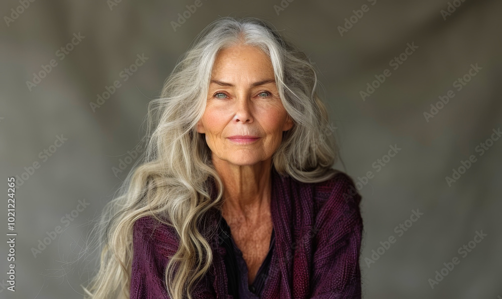 Elegant Elderly Woman with Long White Hair in Purple Cardigan, Serene Expression, Isolated on Grey Background - Concept of Wisdom, Grace, Aging Beautifully, Portrait Photography Elegant Elderly Woman with Long White Hair in Purple Cardigan, Serene Expression, Isolated on Grey Background - Concept of Wisdom, Grace, Aging Beautifully, Portrait Photography