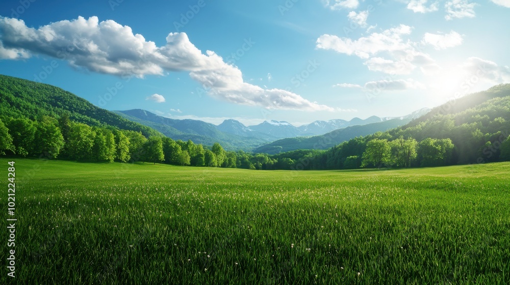 Scenic view of a lush green field with mountains and a blue sky. Scenic view of a lush green field with mountains and a blue sky.
