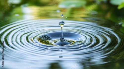 Water Drop Creating Concentric Ripples in a Pond, Reflecting Green Foliage