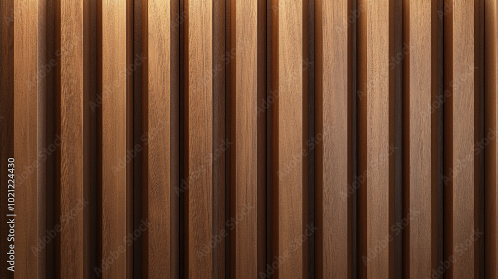 Fototapeta premium Wooden wall made of vertical panels. Line slats made of wood for a modern interior, New clean Wooden vertical wall texture front view