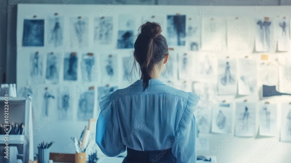 A fashion designer reviewing sketches in a studio with a pastel blue artistic background that enhances creativity and focus A fashion designer reviewing sketches in a studio with a pastel blue artistic background that enhances creativity and focus