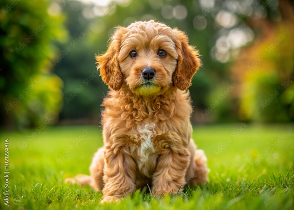 Adorable Golden Cockapoo Puppy Sitting on Grass, Playful and Friendly, Perfect for Family Pets and Dog Lovers Adorable Golden Cockapoo Puppy Sitting on Grass, Playful and Friendly, Perfect for Family Pets and Dog Lovers
