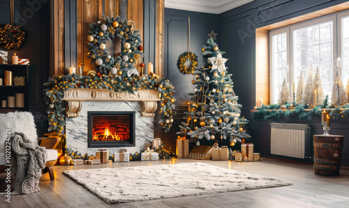 Cozy Christmas Living Room with Decorated Tree, Fireplace, and Presents on a Winter Morning