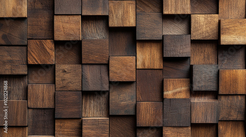 A textured wall made of wooden panels arranged in a geometric pattern,  Abstract wood cutouts arranged to form brown block patterns.