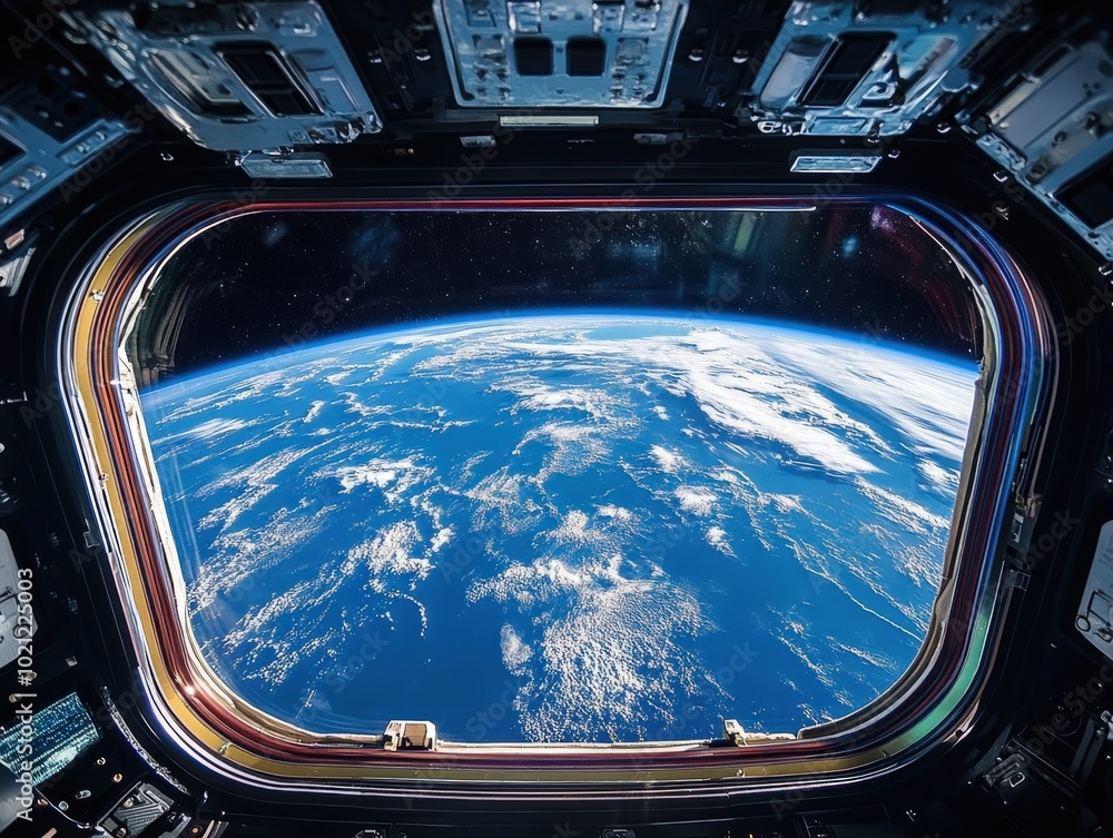 View of Earth from space through a spacecraft window, highlighting the vast blue oceans and swirling white clouds. View of Earth from space through a spacecraft window, highlighting the vast blue oceans and swirling white clouds.