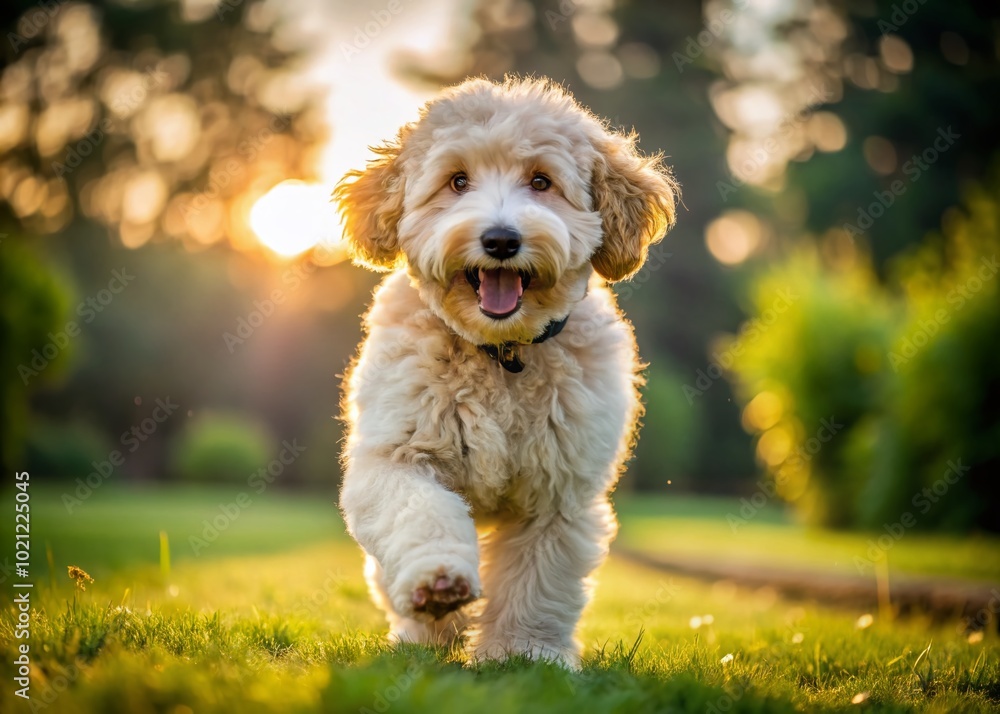 Adorable Goldendoodle in Black and White Coat Playing Outdoors - Perfect for Pet Lovers and Dog Enthusiasts Adorable Goldendoodle in Black and White Coat Playing Outdoors - Perfect for Pet Lovers and Dog Enthusiasts