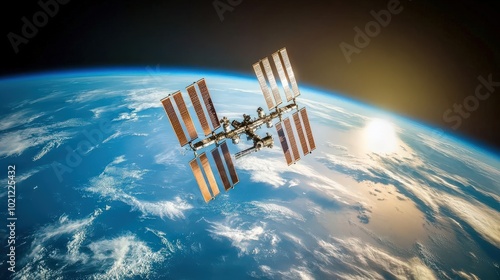 Fototapeta Naklejka Na Ścianę i Meble -  Space station orbiting Earth at sunrise, showcasing solar panels and vast space environment.