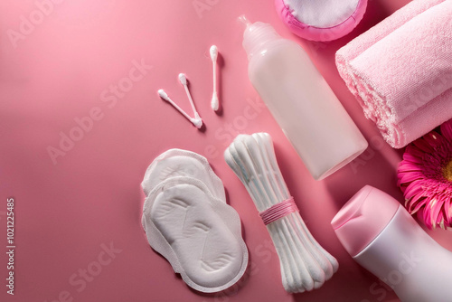 productos de higiene femenina sobre fondo rosa, concepto de cuidado femenino, mujeres saludables photo