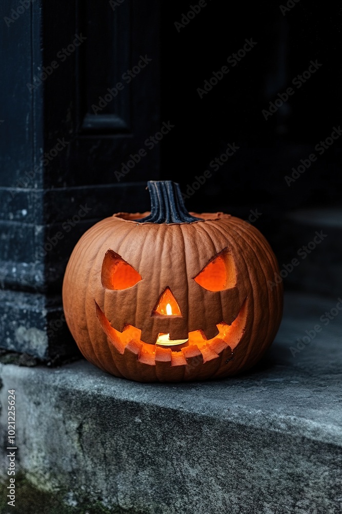 Lit Jack-o'-lantern on dark Halloween evening Lit Jack-o'-lantern on dark Halloween evening