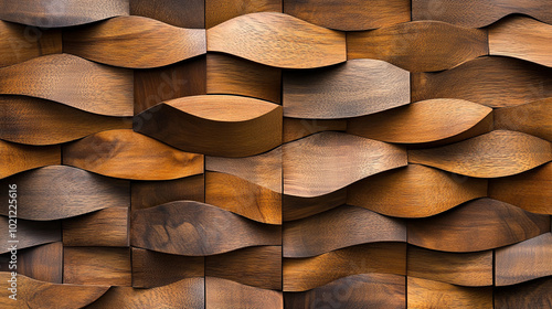 A textured wall made of wooden panels arranged in a geometric pattern, Abstract wood cutouts arranged to form brown block patterns.