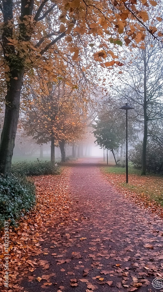 A serene walkway draped in autumn leaves. The path leads into a soft mist, surrounded by trees, creating a peaceful space for relaxation or contemplation. A serene walkway draped in autumn leaves. The path leads into a soft mist, surrounded by trees, creating a peaceful space for relaxation or contemplation.