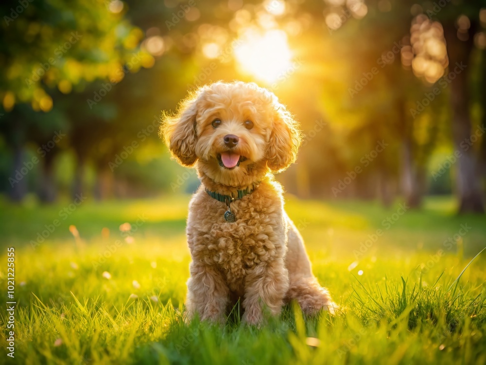 Adorable golden toy poodle sitting playfully on a grassy lawn under the warm sunlight of summer Adorable golden toy poodle sitting playfully on a grassy lawn under the warm sunlight of summer