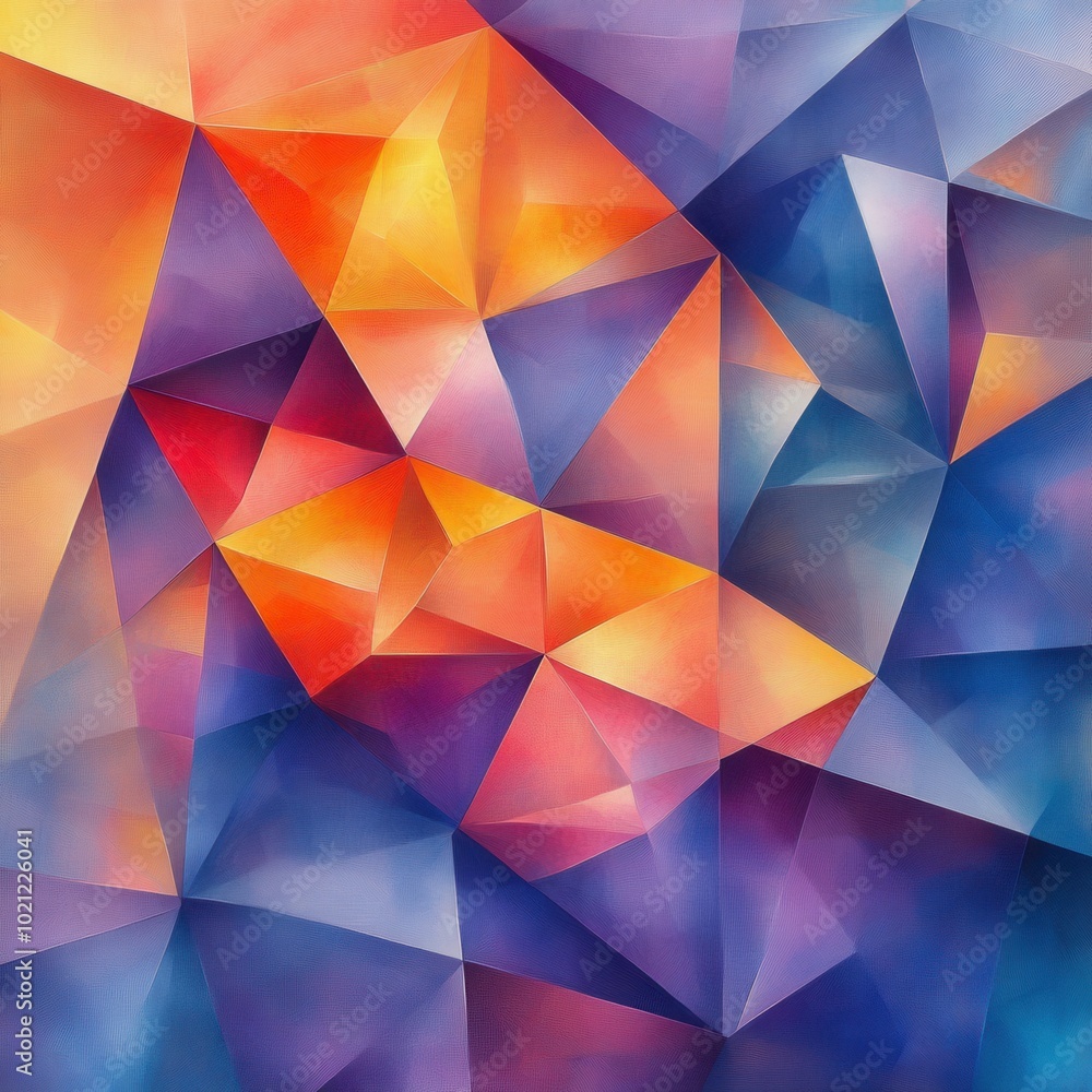 An energetic composition features a variety of colorful triangles in shades of orange, blue, and purple, creating a dynamic and captivating abstract design. The arrangement evokes depth and movement a An energetic composition features a variety of colorful triangles in shades of orange, blue, and purple, creating a dynamic and captivating abstract design. The arrangement evokes depth and movement a