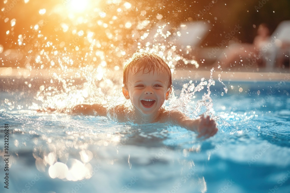 Joyful Child Splashes in Summer Pool Water Joyful Child Splashes in Summer Pool Water