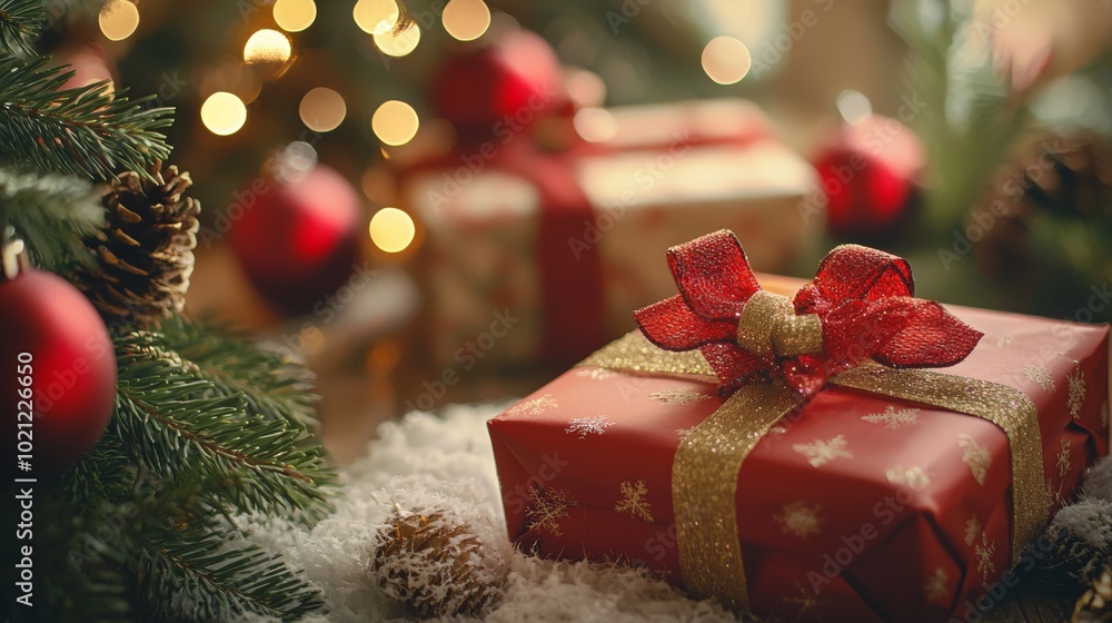 Red Christmas gift with gold ribbon surrounded by festive decorations Red Christmas gift with gold ribbon surrounded by festive decorations