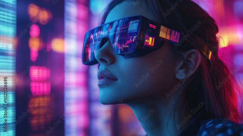 Businesswoman using AR glasses to view financial data, holographic charts, futuristic office, fintech solutions, vibrant neon colors, cyberpunk style Businesswoman using AR glasses to view financial data, holographic charts, futuristic office, fintech solutions, vibrant neon colors, cyberpunk style