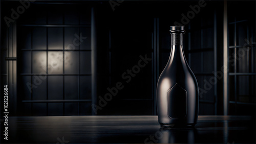 Elegant sake bottle on a table with dark background and dramatic lighting
