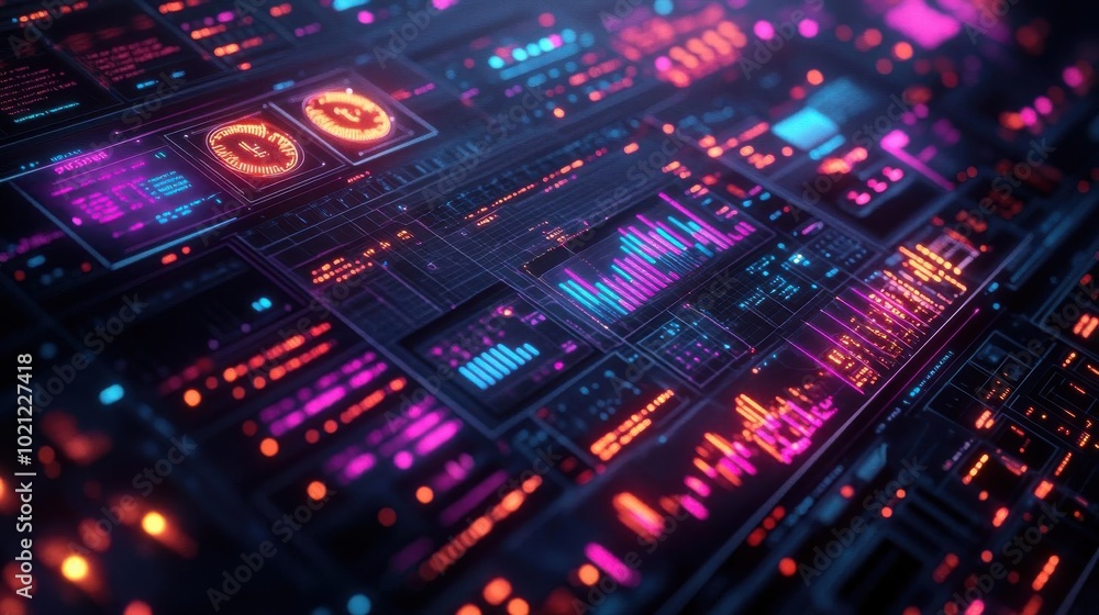 Cryptocurrency analytics platform, interactive market data visualization, modern interface, Techno-futuristic, 3D render, Neon colors, High Resolution Cryptocurrency analytics platform, interactive market data visualization, modern interface, Techno-futuristic, 3D render, Neon colors, High Resolution