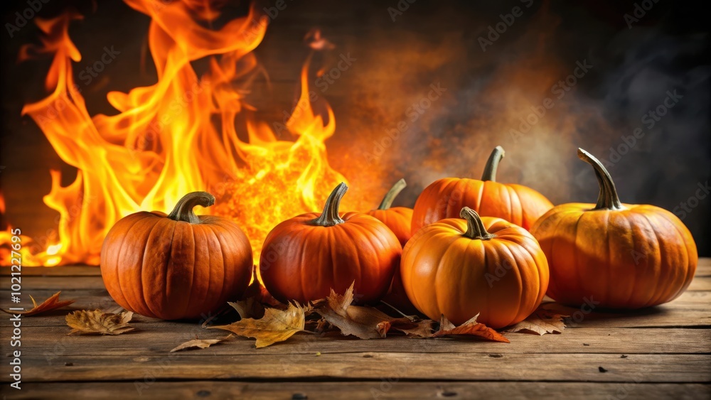 Autumnal Pumpkins Glowing With Firelight On A Rustic Wooden Table Autumnal Pumpkins Glowing With Firelight On A Rustic Wooden Table